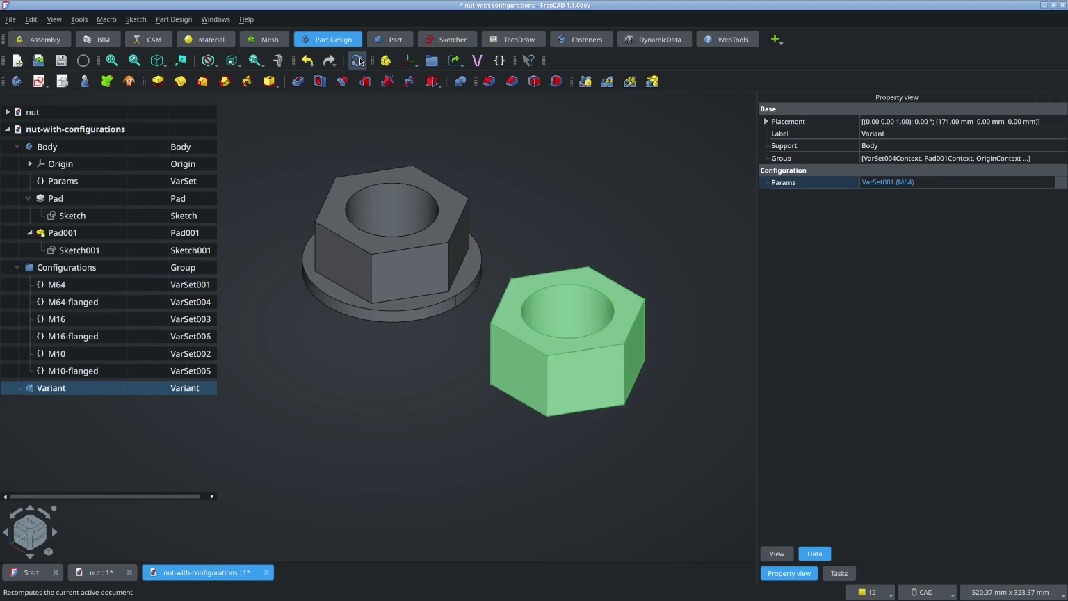Screenshot of FreeCAD with Variant Parts